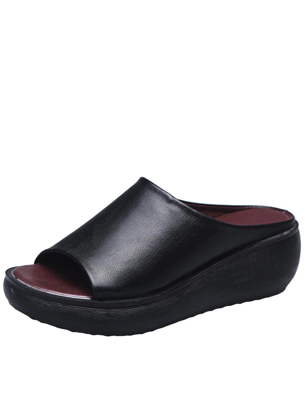 Black Leather Open-Toe Wedge Slide - Women